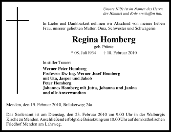 Traueranzeige von Regina Homberg von Tageszeitung