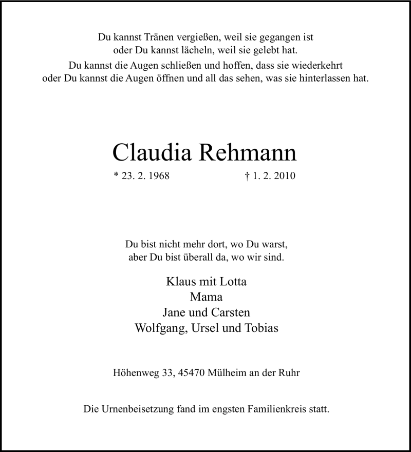  Traueranzeige für Claudia Rehmann vom 06.02.2010 aus Tageszeitung