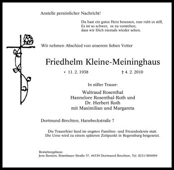 Traueranzeige von Friedhelm Kleine-Meininghaus von Tageszeitung