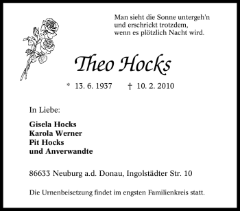 Traueranzeige von Theo Hocks von Tageszeitung