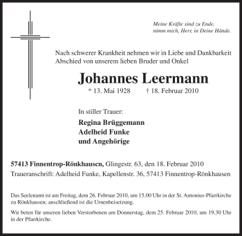 Traueranzeige von Johannes Leermann von Tageszeitung