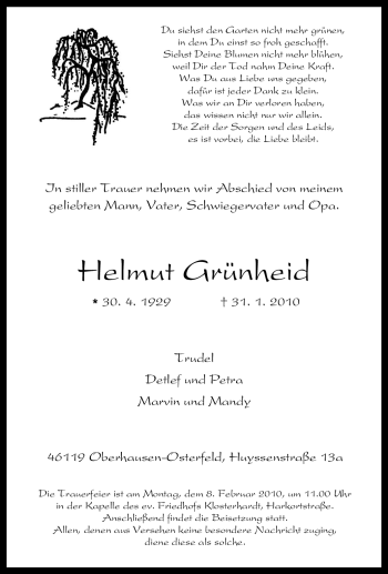 Traueranzeige von Helmut Grünheid von Tageszeitung
