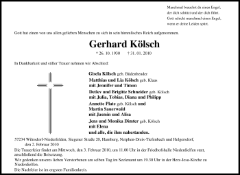 Traueranzeige von Gerhard Kölsch von Tageszeitung