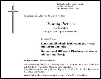 Traueranzeige von Hedwig Hermes von Tageszeitung