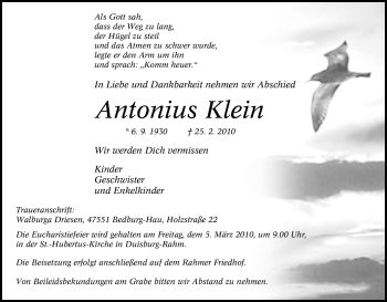 Traueranzeige von Antonius Klein von Tageszeitung