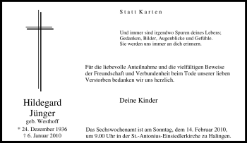 Traueranzeige von Hildegard Jünger von Tageszeitung