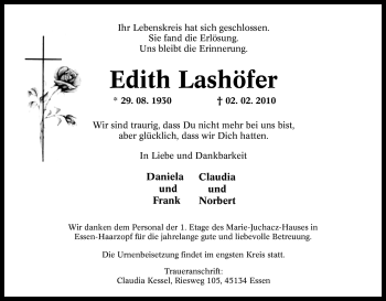Traueranzeige von Edith Lashöfer von Tageszeitung