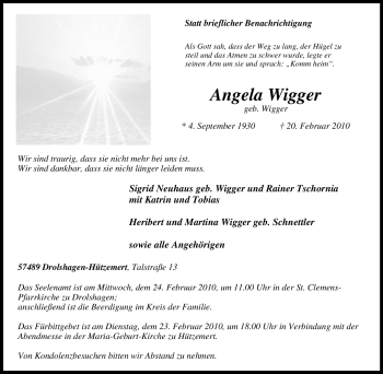 Traueranzeige von Angela Wigger von Tageszeitung