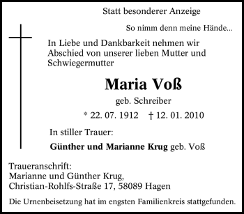 Traueranzeige von Maria Voß von Tageszeitung