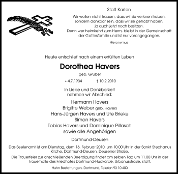 Traueranzeige von Dorothea Havers von Tageszeitung