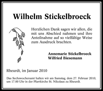Traueranzeige von Wilhelm Stickelbroeck von Tageszeitung
