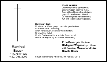 Traueranzeige von Manfred Bauer von Tageszeitung