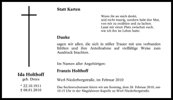 Traueranzeige von Ida Holthoff von Tageszeitung