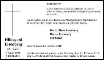Traueranzeige von Hildegard Eisenberg von Tageszeitung