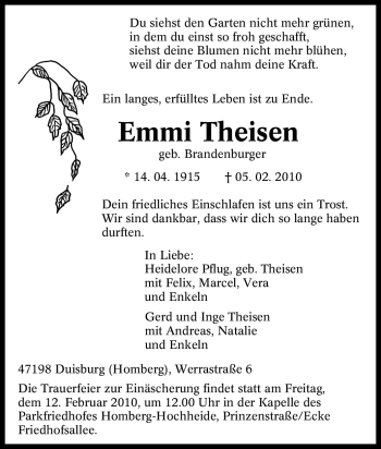 Traueranzeige von Emmi Theisen von Tageszeitung