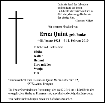Traueranzeige von Erna Quint von Tageszeitung