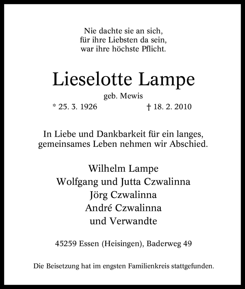  Traueranzeige für Lieselotte Lampe vom 26.02.2010 aus Tageszeitung