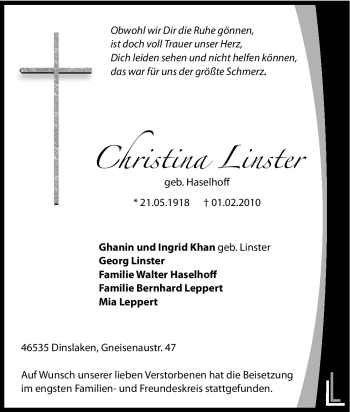 Traueranzeige von Christina Linster von Tageszeitung