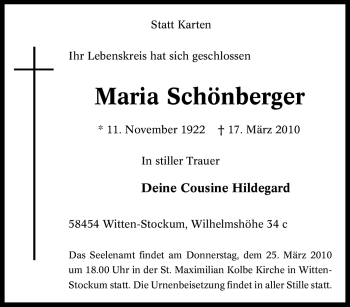 Traueranzeige von Maria Schönberger von Tageszeitung