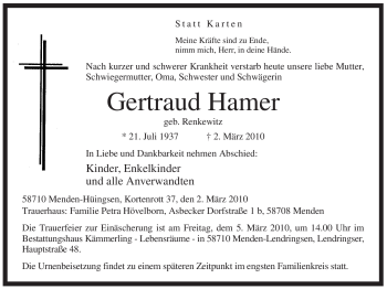 Traueranzeige von Gertraud Hamer von Tageszeitung