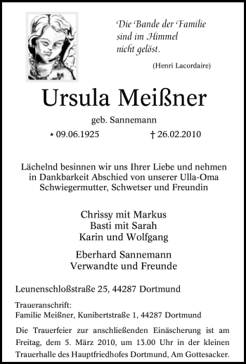 Traueranzeige von Ursula Meißner von Tageszeitung