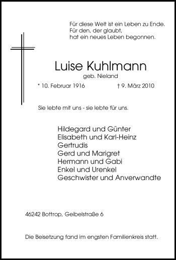Traueranzeige von Luise Kuhlmann von Tageszeitung