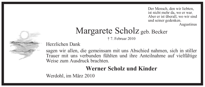  Traueranzeige für Margarete Scholz vom 17.03.2010 aus Tageszeitung