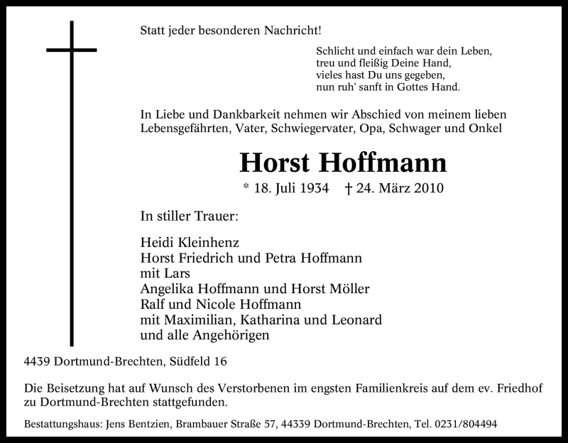  Traueranzeige für Horst Hoffmann vom 27.03.2010 aus Tageszeitung
