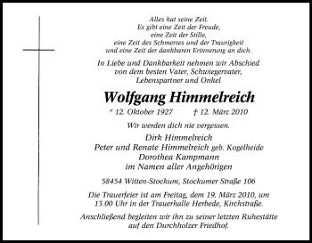 Traueranzeige von Wolfgang Himmelreich von Tageszeitung