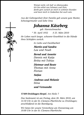 Traueranzeige von Johanna Käseberg von Tageszeitung