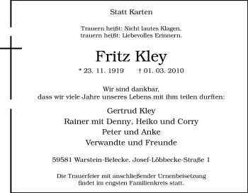 Traueranzeige von Fritz Kley von Tageszeitung