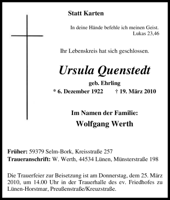 Traueranzeige von Ursula Quenstedt von Tageszeitung