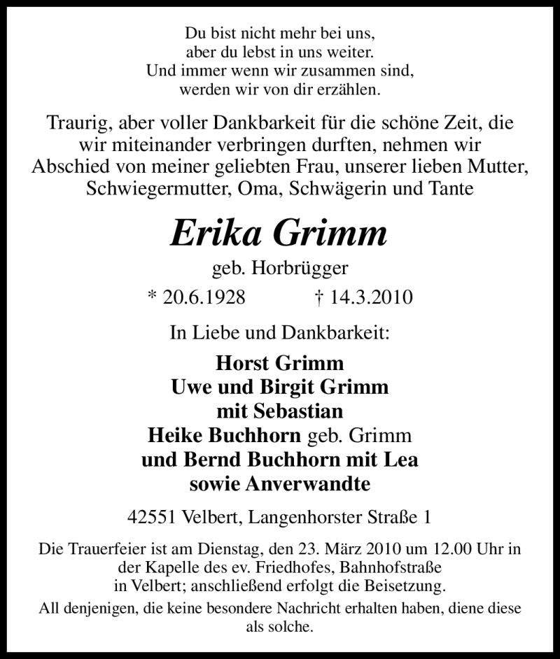  Traueranzeige für Erika Grimm vom 20.03.2010 aus Tageszeitung