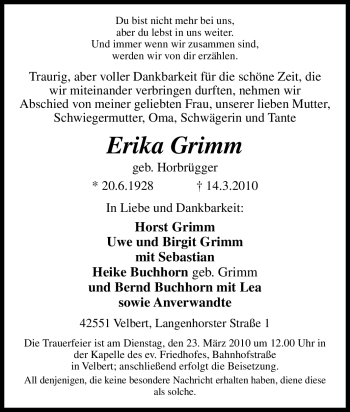 Traueranzeige von Erika Grimm von Tageszeitung