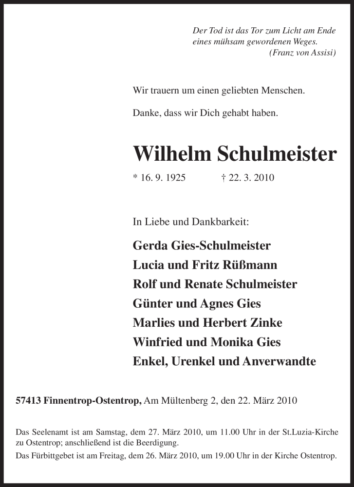 Traueranzeige für Wilhelm Schulmeister vom 24.03.2010 aus Tageszeitung