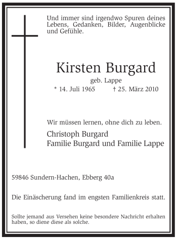 Traueranzeige von Kirsten Burgard von Tageszeitung