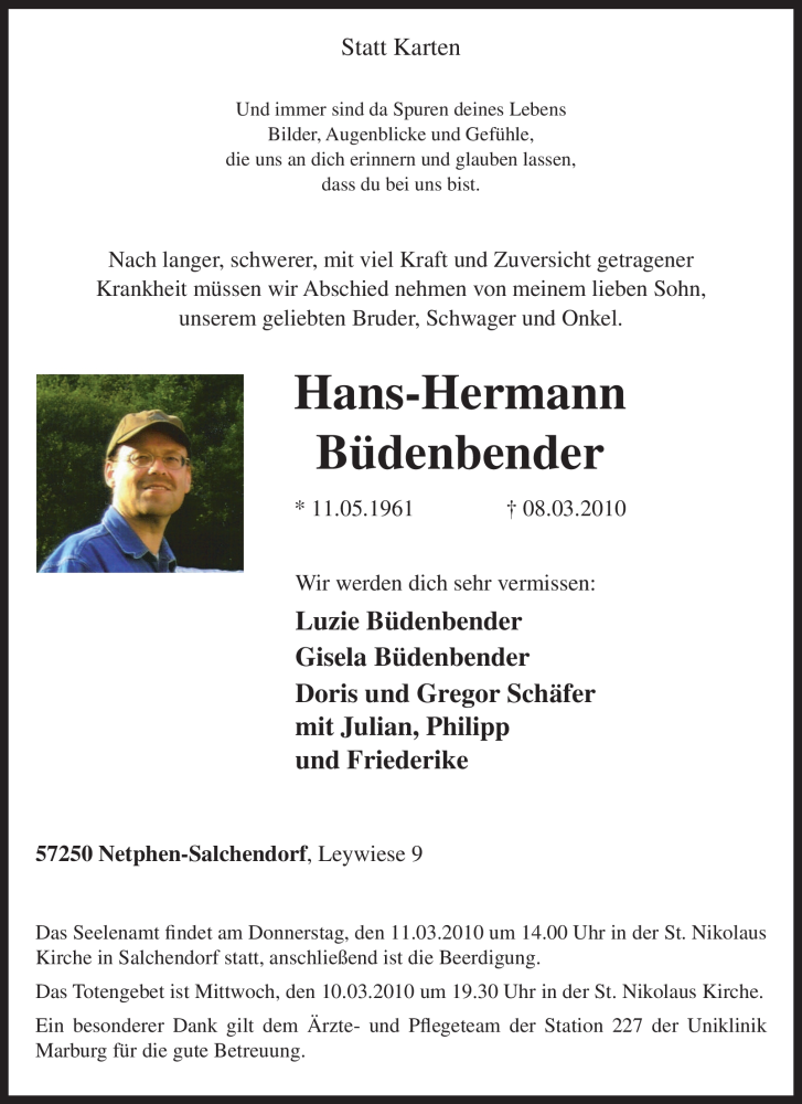  Traueranzeige für Hans-Hermann Büdenbender vom 09.03.2010 aus Tageszeitung