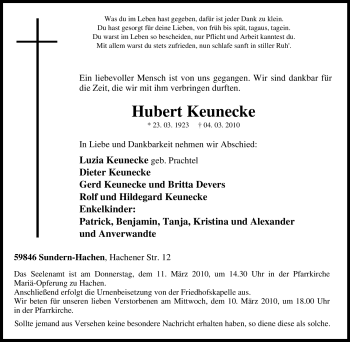 Traueranzeige von Hubert Keunecke von Tageszeitung
