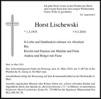 Traueranzeige von Horst Lischewski von Tageszeitung
