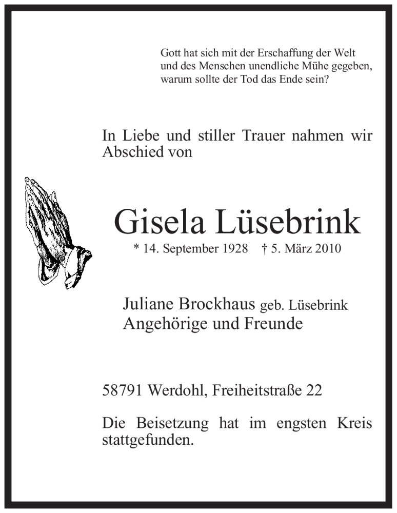  Traueranzeige für Gisela Lüsebrink vom 17.03.2010 aus Tageszeitung