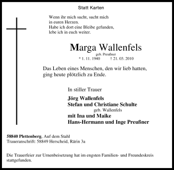 Traueranzeige von Marga Wallenfels von Tageszeitung