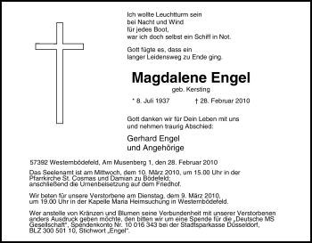 Traueranzeige von Magdalene Engel von Tageszeitung