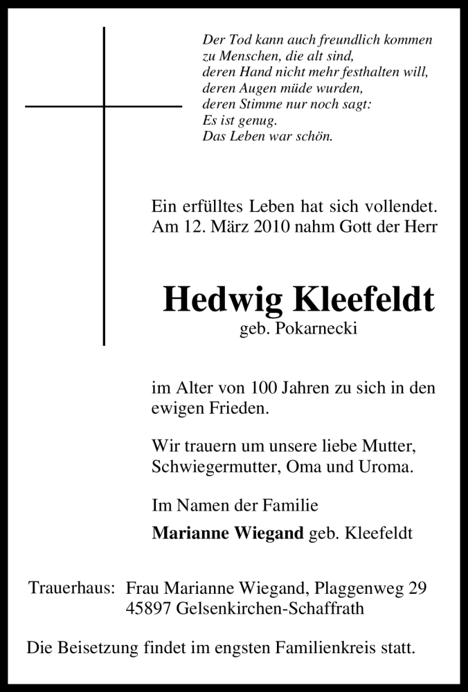  Traueranzeige für Hedwig Kleefeldt vom 13.03.2010 aus Tageszeitung