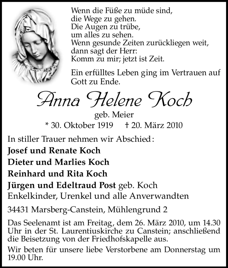  Traueranzeige für Anna Helene Koch vom 23.03.2010 aus Tageszeitung