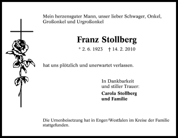 Traueranzeige von Franz Stollberg von Tageszeitung