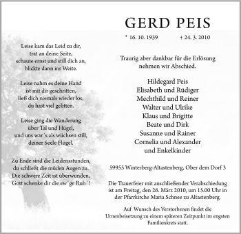 Traueranzeige von Gerd Peis von Tageszeitung