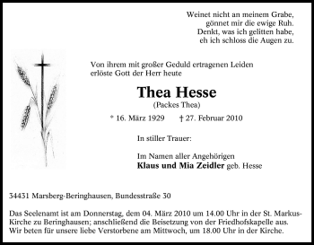 Traueranzeige von Thea Hesse von Tageszeitung