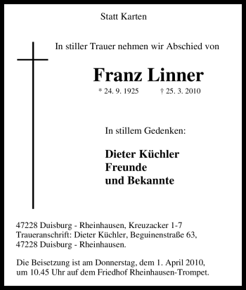 Traueranzeige von Franz Linner von Tageszeitung