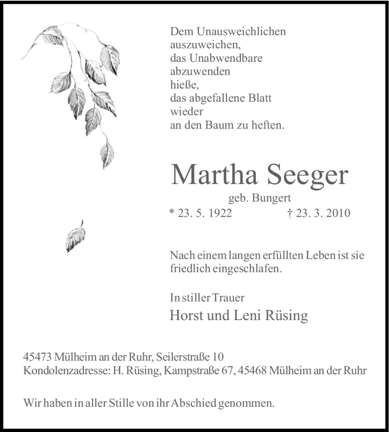 Traueranzeigen von Martha Seeger | Trauer-in-NRW.de