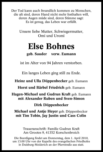 Traueranzeige von Else Bohnes von Tageszeitung